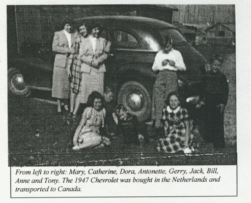 Lane family in front of a 1947 Chevrolet that was bought in the Netherlands and brought to Canada. Canadian Museum of Immigration at Pier 21 (DI2013.1674.18). From left to right: Mary, Catherine, Dora, Antonette, Gerry, Jack, Bill, Anne & Tony.