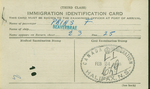 Immigration Identification Card issued to Feike, 1950. Canadian Museum of Immigration at Pier 21 (DI2013.1560.1).