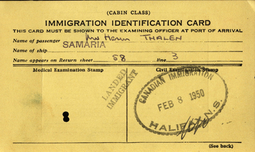 Immigration Identification Card issued to Harm Thalen. Canadian Museum of Immigration at Pier 21 (DI2013.1568.1).