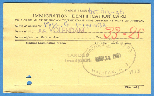 Immigration Identification Card issued to Grace Veenstra, 1951. Canadian Museum of Immigration at Pier 21 (DI2013.1772.16).