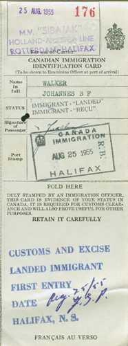 Immigration Identification Card issued to Johannes Walker, 1955. Canadian Museum of Immigration at Pier 21 (DI2013.1834.2)