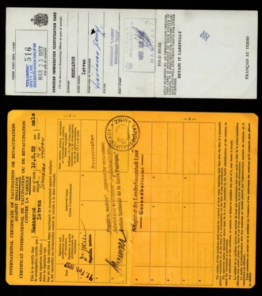 Vaccination certificate for Meszaros, 1957. Canadian Museum of Immigration at Pier 21 (DI2013.1461.1)./ Identification card for Meszaros, 1957. Canadian Museum of Immigration at Pier 21 (DI2013.1461.2).