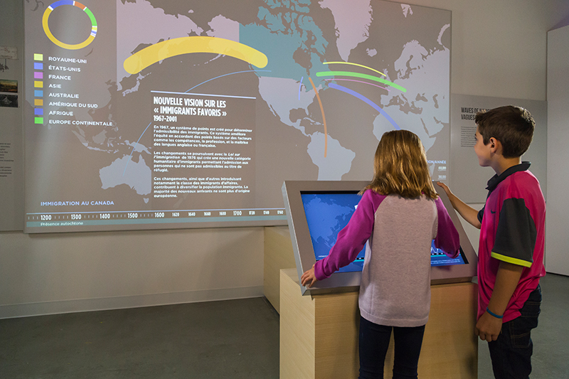 A young girl is looking at a screen which shows changing immigration trends on a map.