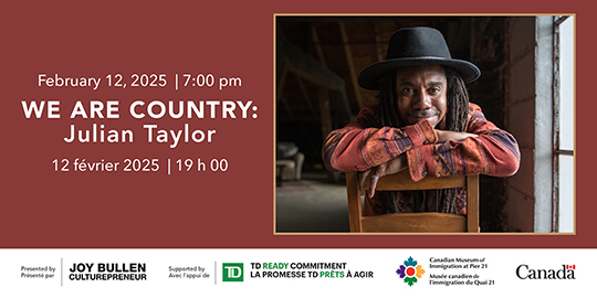 Event information beside a portrait of a smiling Black Indigenous man sitting on a backwards wooden chair.