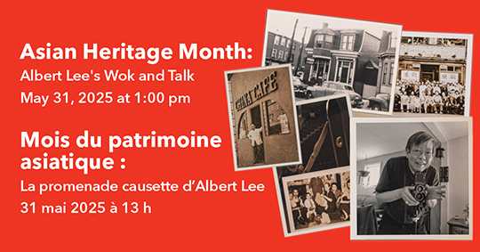 Event information beside black and white photos featuring Albert Lee and groups of Asian people.