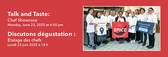 Event information on a red background beside a photograph of several women of various races smiling in chef’s jackets.