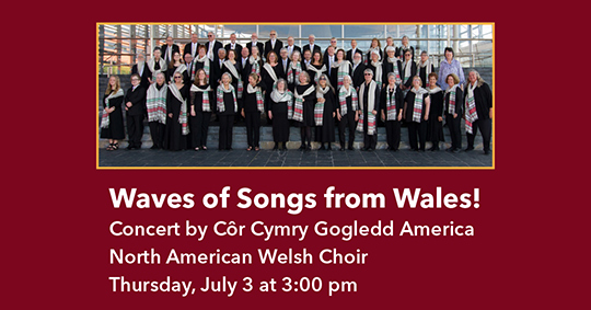 Event information on a burgundy background beside a photograph of a group of smiling women and men dressed in black with white, green and red scarves.