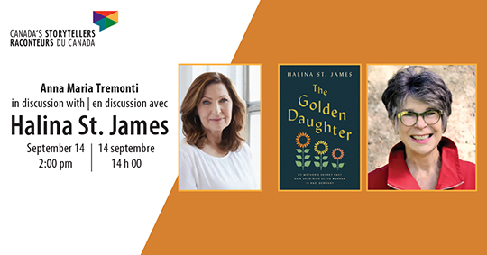 Event information on an orange background beside photographs the interviewer, the book cover, and the author.