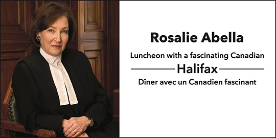 Event information beside a portrait of Rosalie Silberman Abella wearing a black judicial robe with white collar tabs, seated in a wooden chair.
