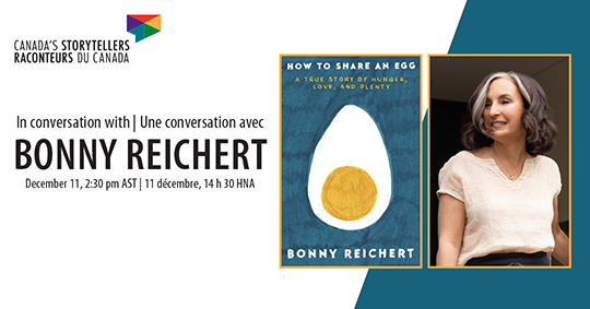 Event information beside the book cover for How to Share an Egg and a photograph of the author, Bonny Reichert.