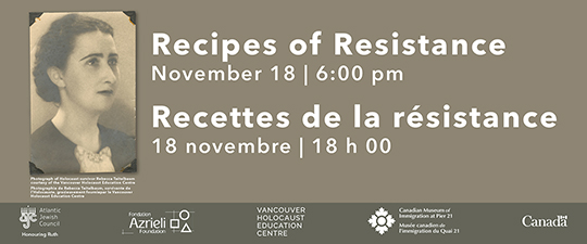 Event information beside a photograph of Holocaust survivor Rebecca Teitelbaum.