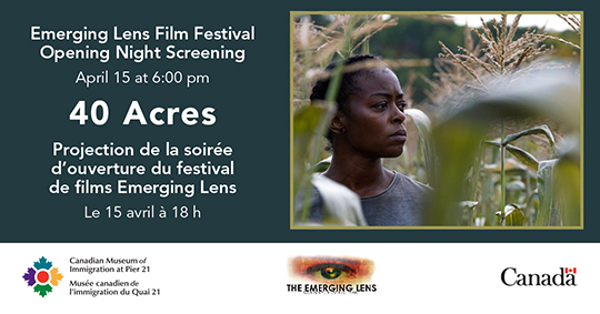 Event information beside a film still of a Black woman standing among stalks of corn in a field.