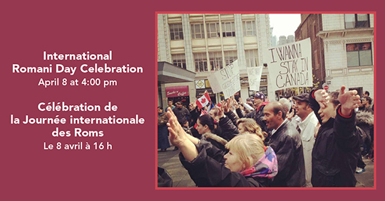 Event information beside a photograph of a crowd of people walking through a city street holding protest signs, one sign reads I wanna stay in Canada.