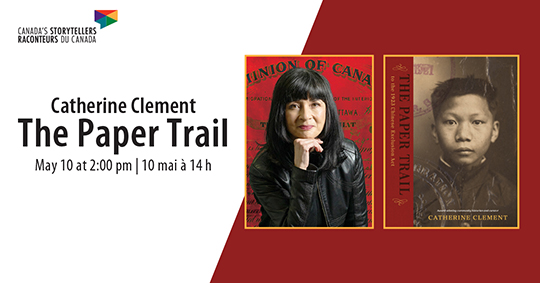 Event information beside a photograph of a Chinese woman wearing a black jacket and a book cover with an archival image of a Chinese boy.