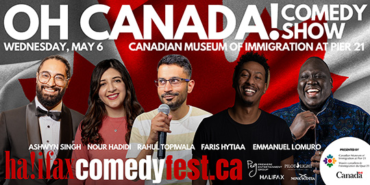 Event information with headshots of six comedians from various cultural backgrounds.