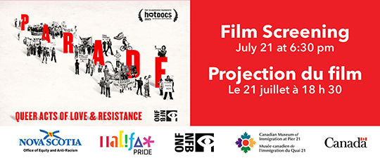 Event information beside a film poster for Parade Queer Acts of Love & Resistance.