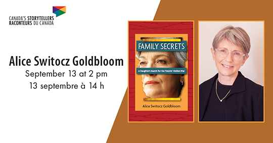 Event information beside a photograph of a woman with short hair wearing a black jacket and a book cover.