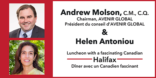 Headshot of Andrew Molson and Helen Antoniou beside event text.