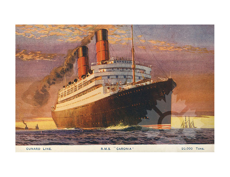 Colour illustration of RMS Caronia at sea, seen from the starboard bow, with twin funnels smoking.
