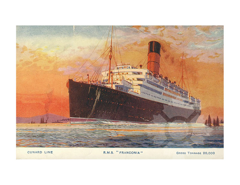 Colour illustration of RMS Franconia at sea, seen from the starboard bow, single funnel, with an orange sky behind.