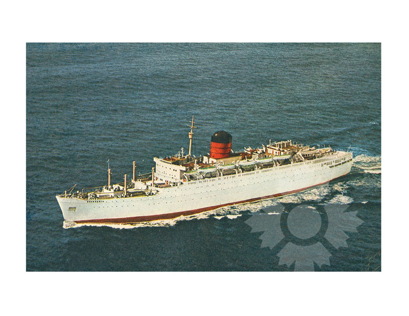 Colour photograph of RMS Franconia at sea, seen from an aerial starboard view, with a single red funnel.