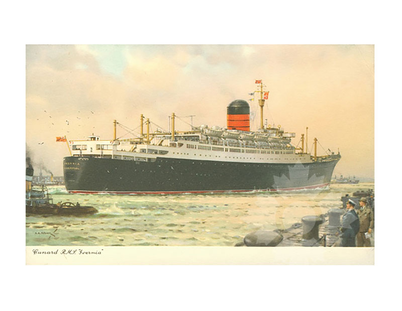 Colour illustration of RMS Ivernia at sea, broadside from port, with people on the pier in the foreground.