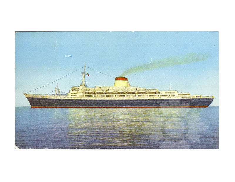 Colour illustration of TS Leonardo da Vinci at sea, broadside from port, single funnel smoking.