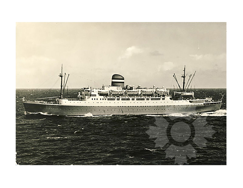 Black and white photograph of TSS Maasdam at sea, broadside from port, full hull visible.