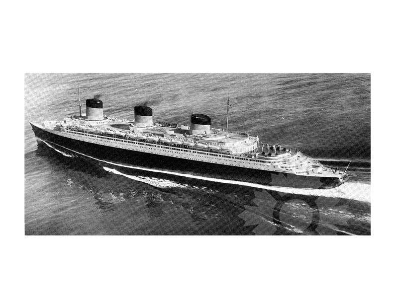 Black and white aerial image of SS Normandie at sea, broadside from port, three funnels visible.