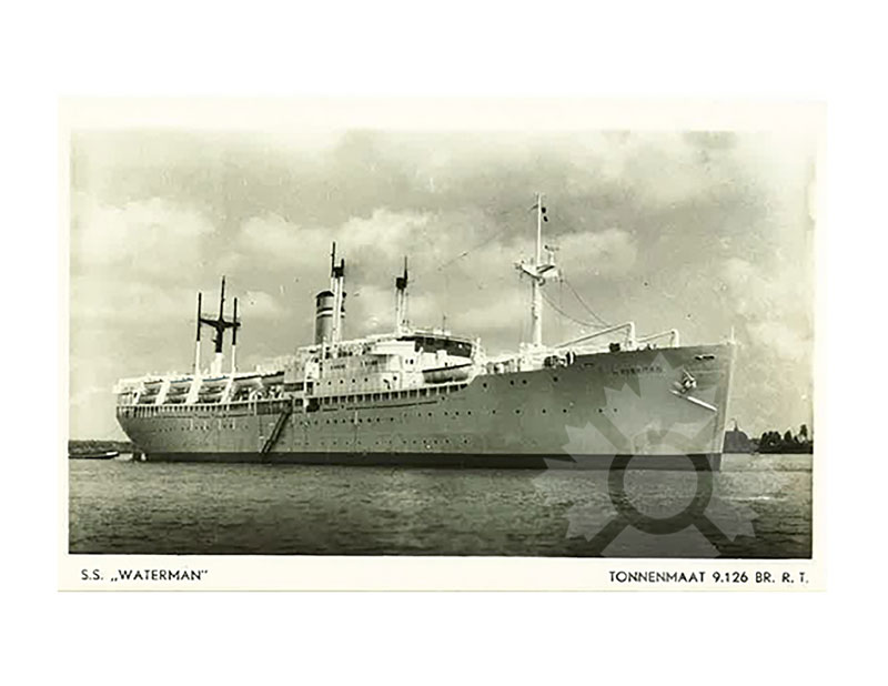 Black and white image of SS Waterman at anchor, seen from the starboard bow, with caption text visible below.