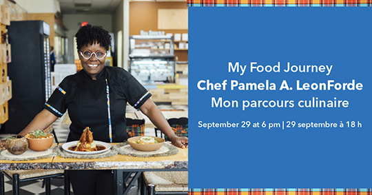 Event information beside a photograph of a smiling black female chef standing behind a table with three dishes in a kitchen.