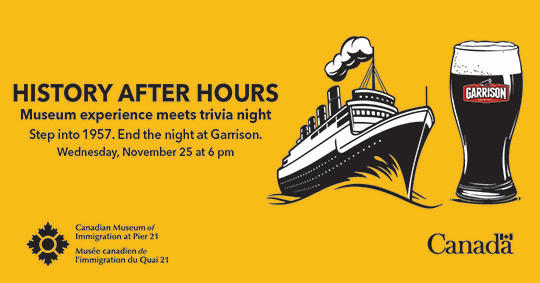 Event information on a yellow background beside an illustrated ship and pint glass.