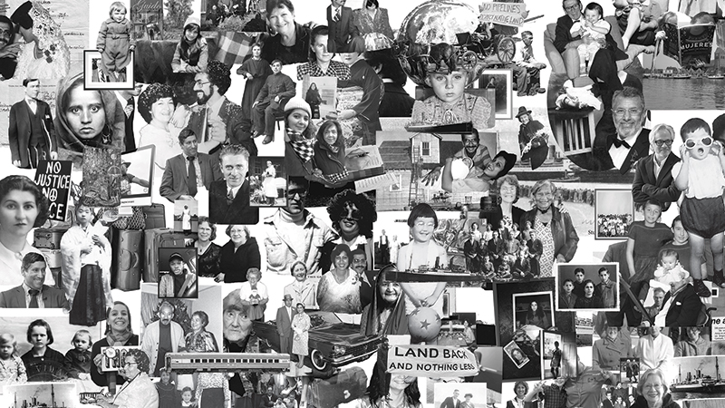 Collage of hundreds of black and white photos.
