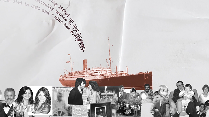 Image resembling a wrinkled piece of paper, with a collage of people and ships.