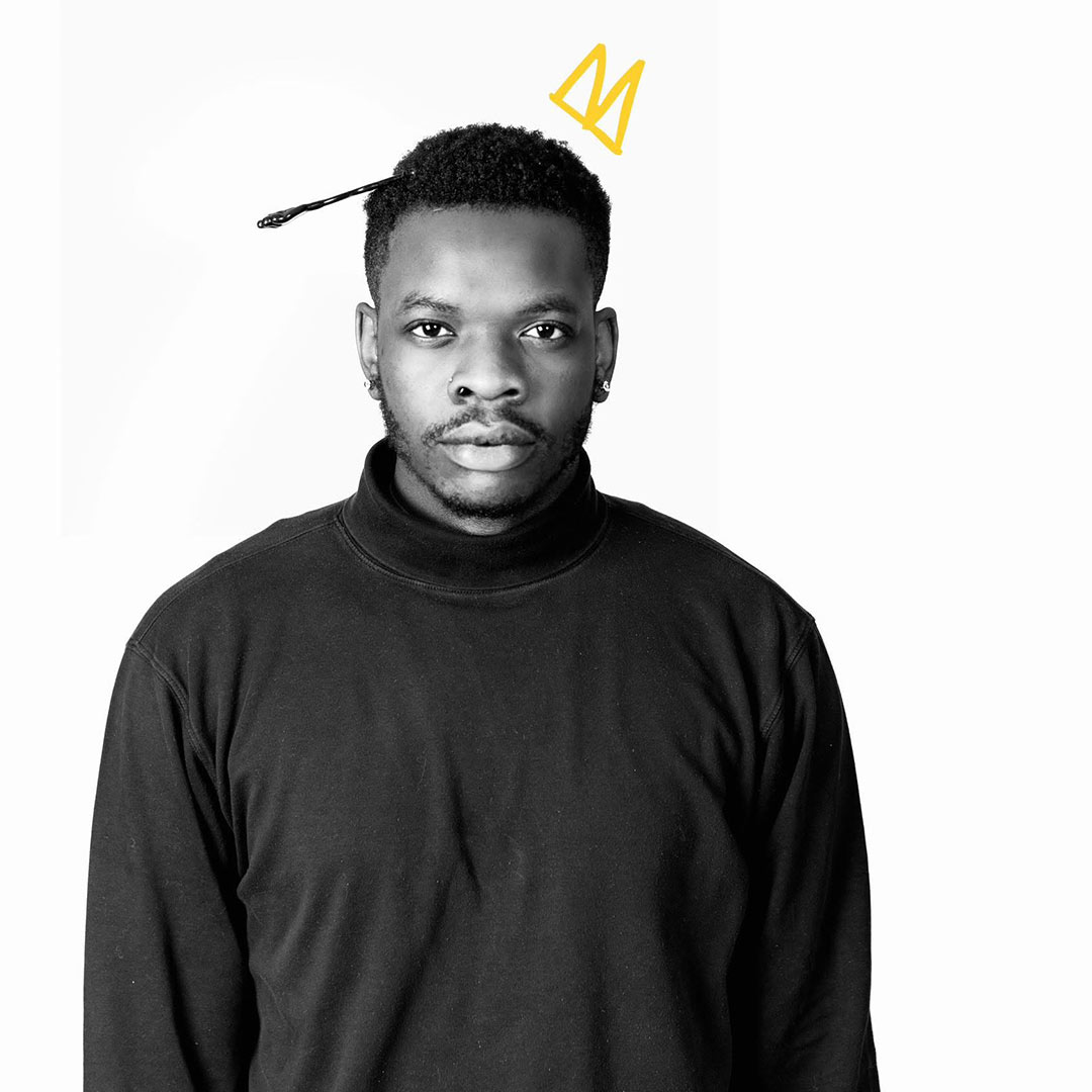 Black and white portrait of Prince Churchill, wearing a black turtle neck sweater.