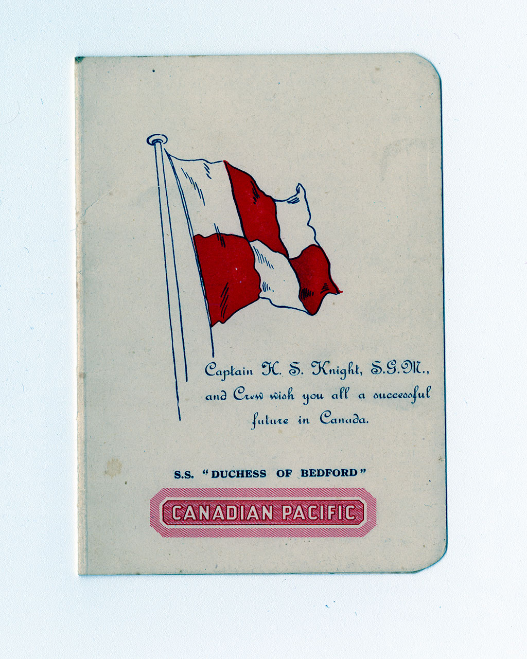 Old-fashioned cover of a ship’s menu showing a red and white coloured flag and the name of the ship and ship’s captain.