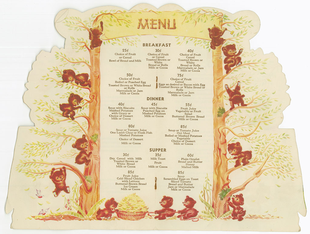 Old-fashioned menu opened to the middle page. There are menu items listed, the list being surrounded by illustrations of bears climbing trees.