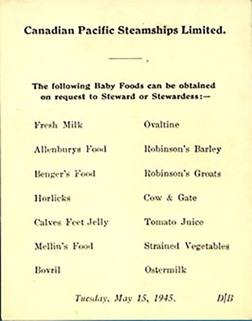 A page of an old ship’s menu with a list of baby foods that the ship can provide, such as Ovaltine, Horlicks, Calves Feet Jelly and Bovril.