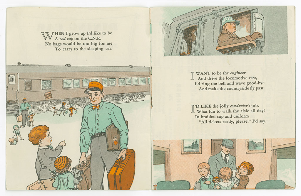 Pamphlet inside an old-fashioned train’s menu that tells the story of a little boy travelling by train, illustrations are provided.