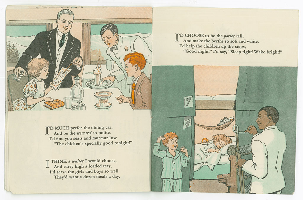 Pamphlet inside an old-fashioned train’s menu that tells the story of a little boy travelling by train, illustrations are provided.