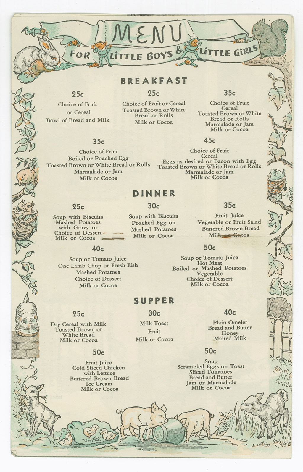 Old-fashioned menu showing possibilities for breakfast, dinner and supper for little boys and girls.