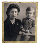 A woman and child pose in a black and white photograph.