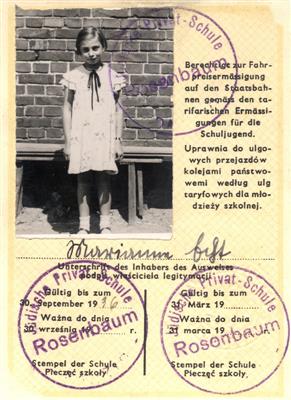 A document with a photograph of a young girl and three stamps.