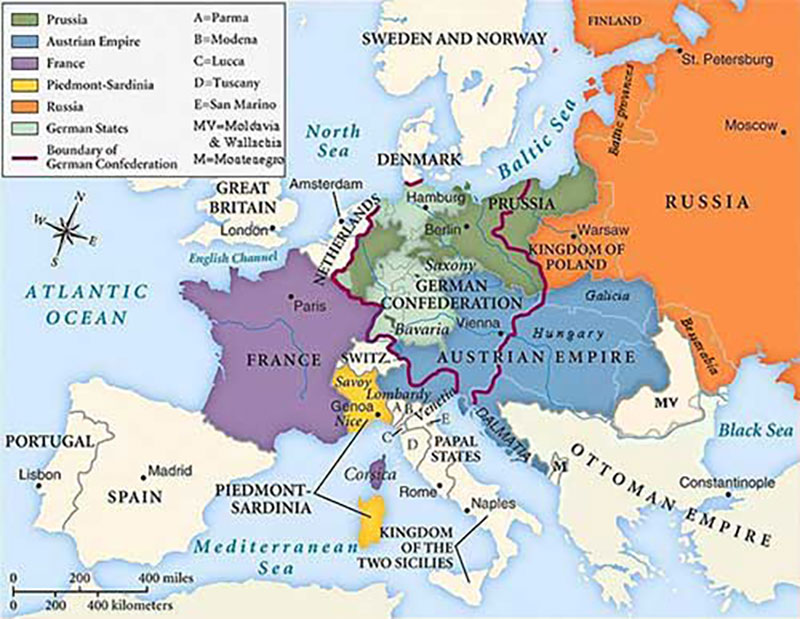 A European territorial map highlighting a German confederation.