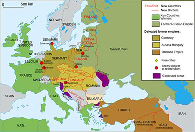 A map of Europe with several big red dots and a legend box explaining them as well as the different colours.