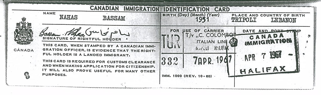 Canadian Immigration Identification Card issued to Bassam Nahas.