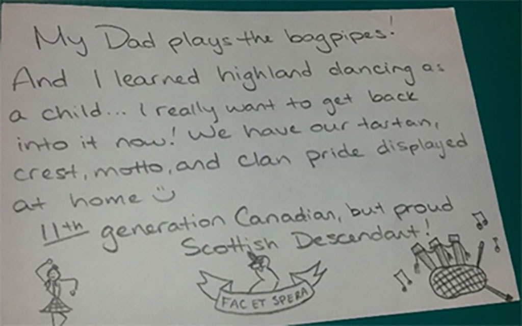 Proud Scottish descendant with a hand drawing of a person dancing, a logo and a Scottish drum.