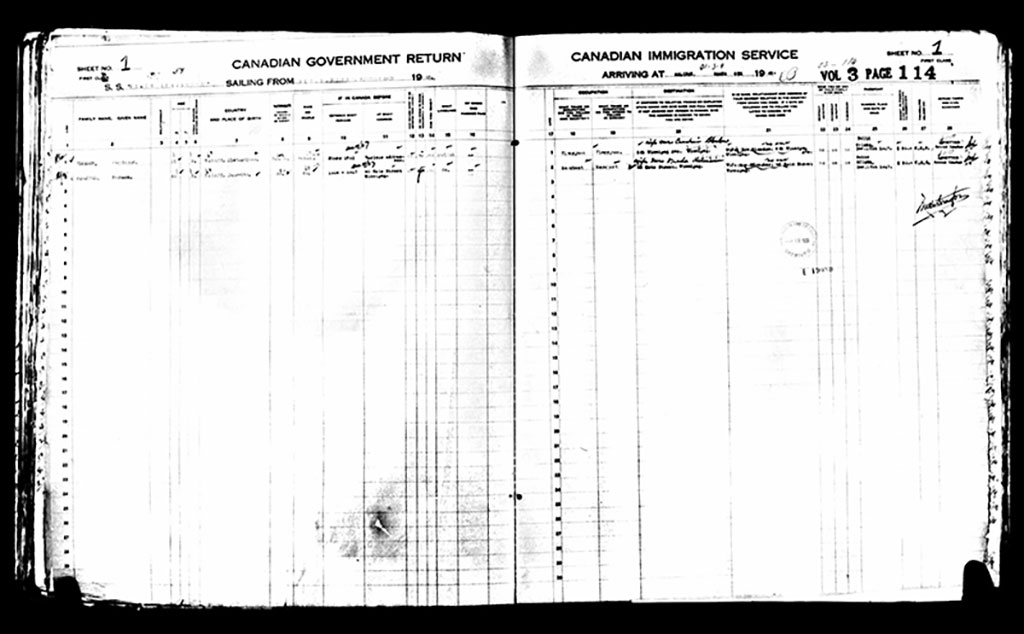 Old manifest listing the names of the first families to arrive at Pier 21 in 1928.