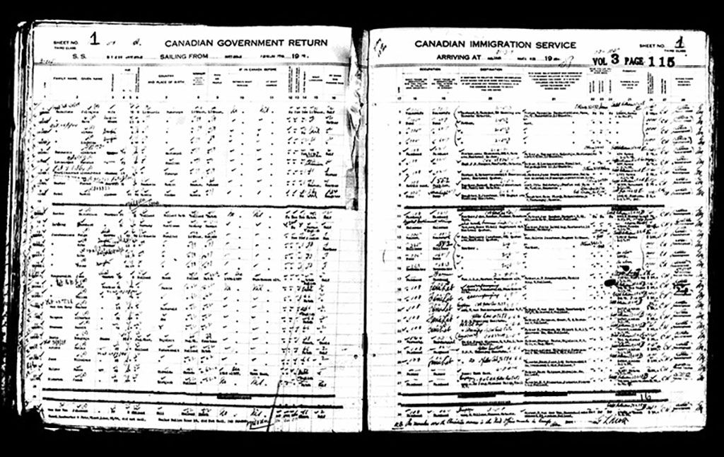 Old manifest listing the names of the first families to arrive at Pier 21 in 1928.