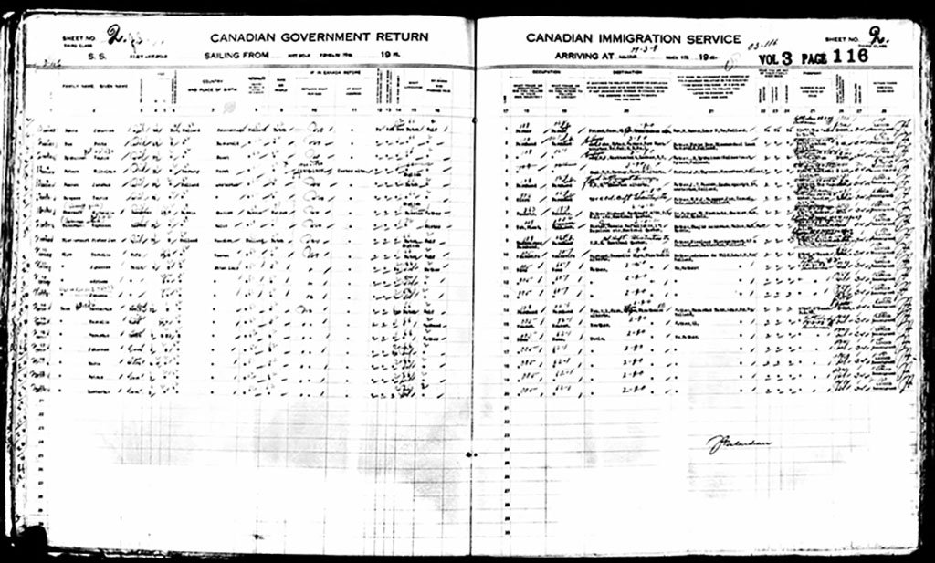 Old manifest listing the names of the first families to arrive at Pier 21 in 1928.